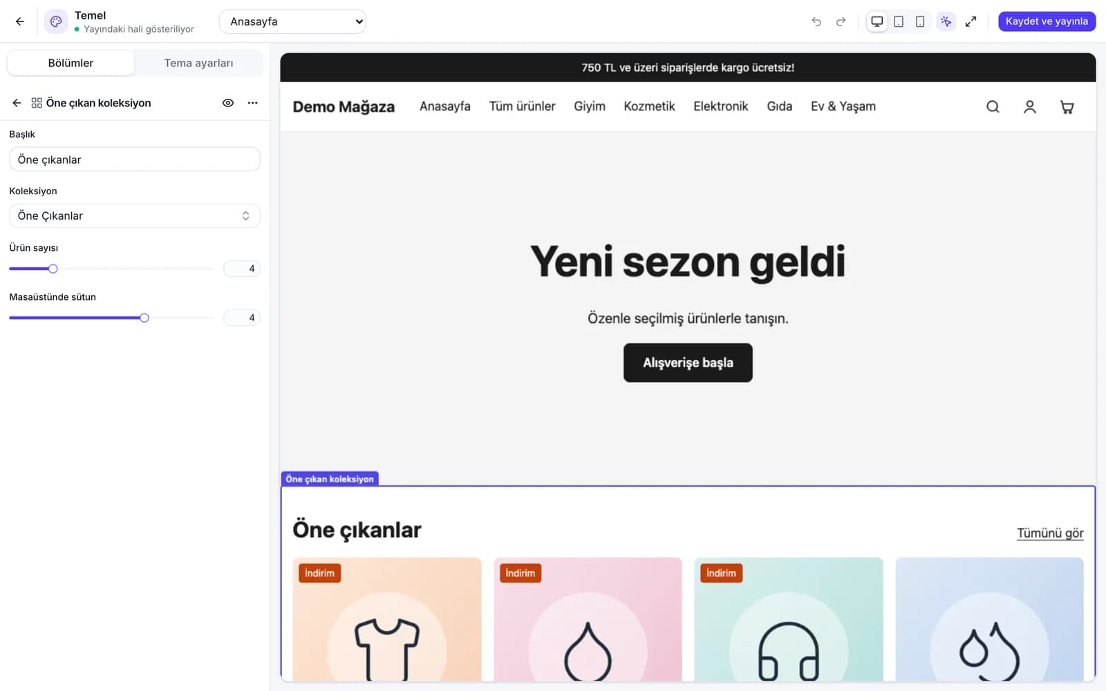 Tema editörü: solda bölümler, sağda canlı önizleme
